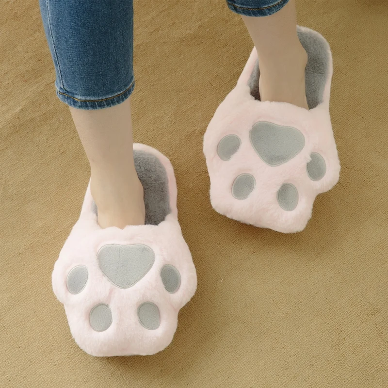 

Fuzzy Plush Slippers Cats Paw Cartoon Animal Pink Grey Bear Paw Black Girls Anti-slip Indoor Floor Shoes Kids Girls Xmas Gift