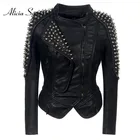 Женская кожаная куртка с шипами и звездами, облегающая байкерская куртка с серебряными металлическими заклепками, SX01