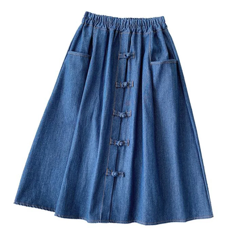 

Ladies Retro High Waist Denim Skirt Women's Button Front Casual Jeans Skirts Female 2021 Summer Midi Pleated Jupes Femme