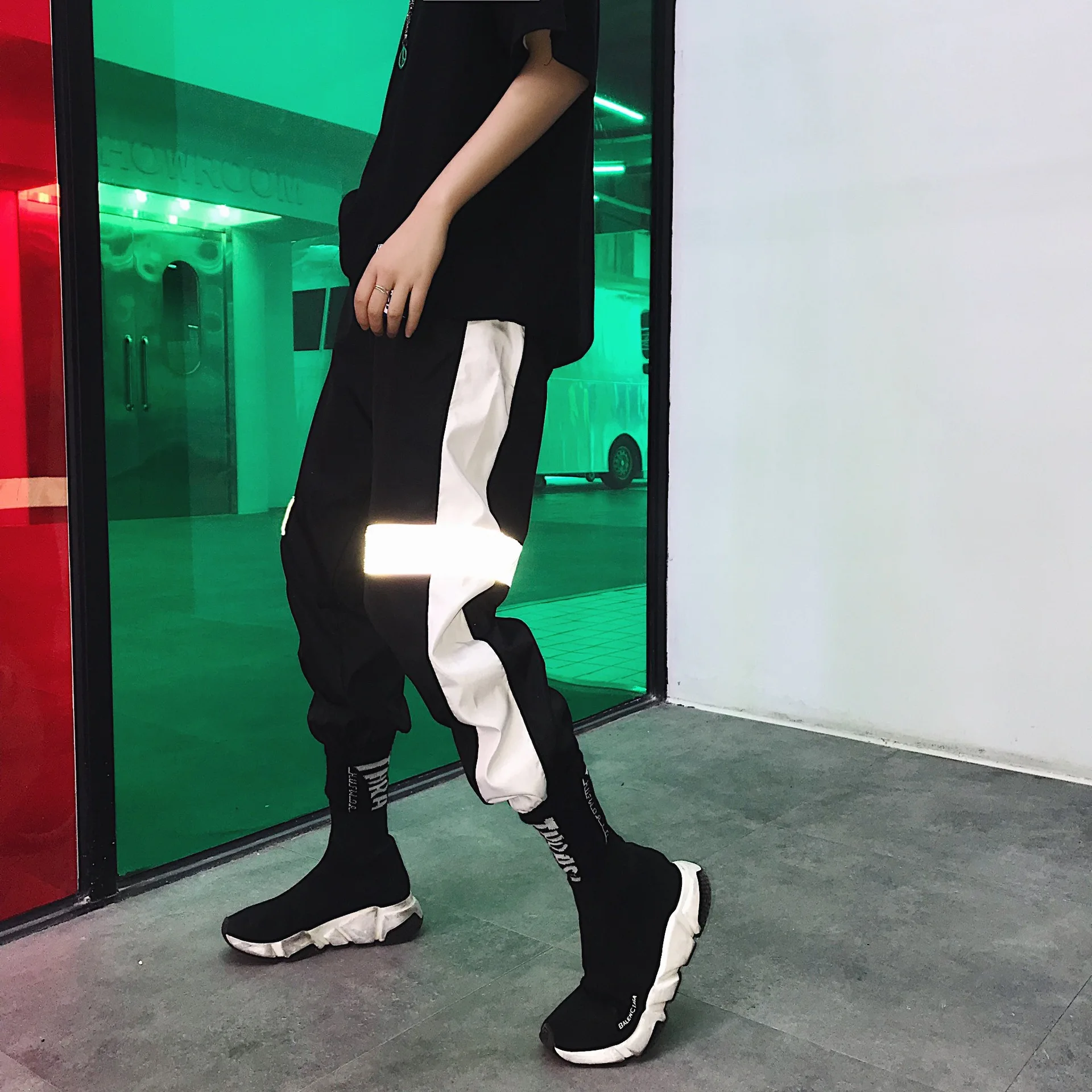 N130-Black Светоотражающие штаны для бега на осень и зиму, женские повседневные серые однотонные уличные брюки, штаны с высокой талией, женские штаны - Цвет: N130-Black