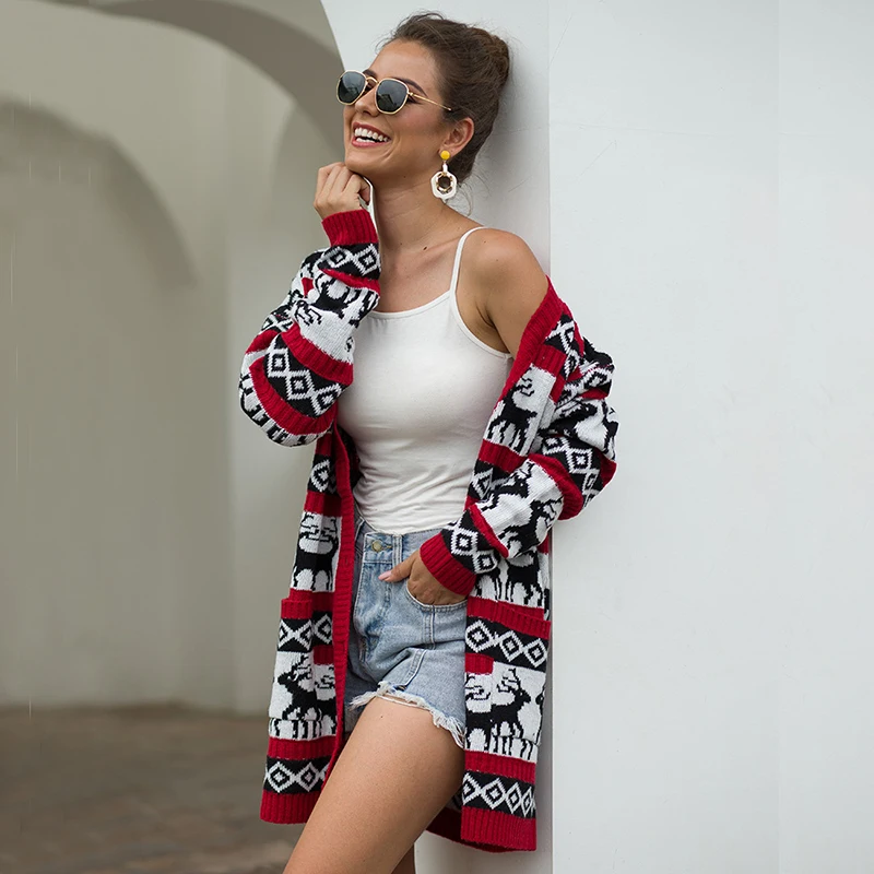 

Button-down Cardigans for Women 2020 Autumn Winter Women's Knitted Sweaters Elk Printing Christmas Long Sweater Jacket Female