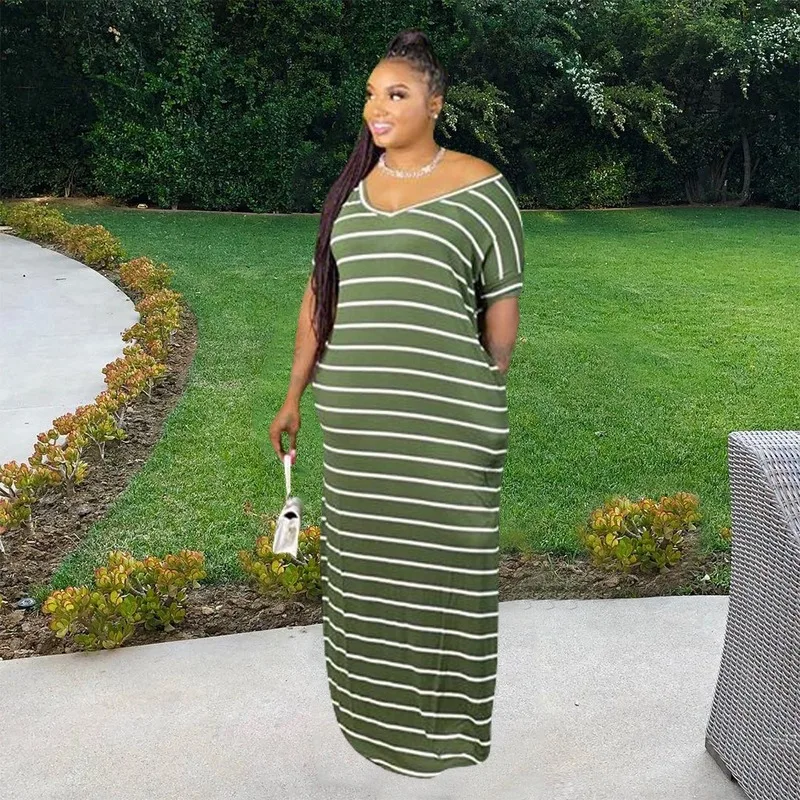 

Dress Women Plus Size Women Summer Striped Print Short Sleeve V-neck Maxi Dress Casual Holiday Beach Long Dresses Vintage