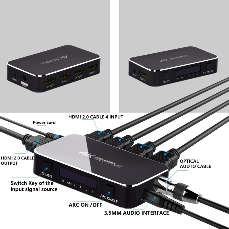 HDMI коммутатор 2 0 4K HDR 4 в 1 выход с аудио экстрактором 3 5 разъем волоконно