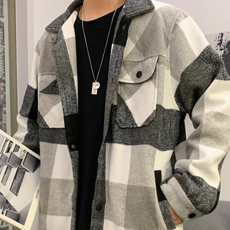 Зимнее шерстяное пальто Мужская модная повседневная Клетчатая Шерстяная куртка