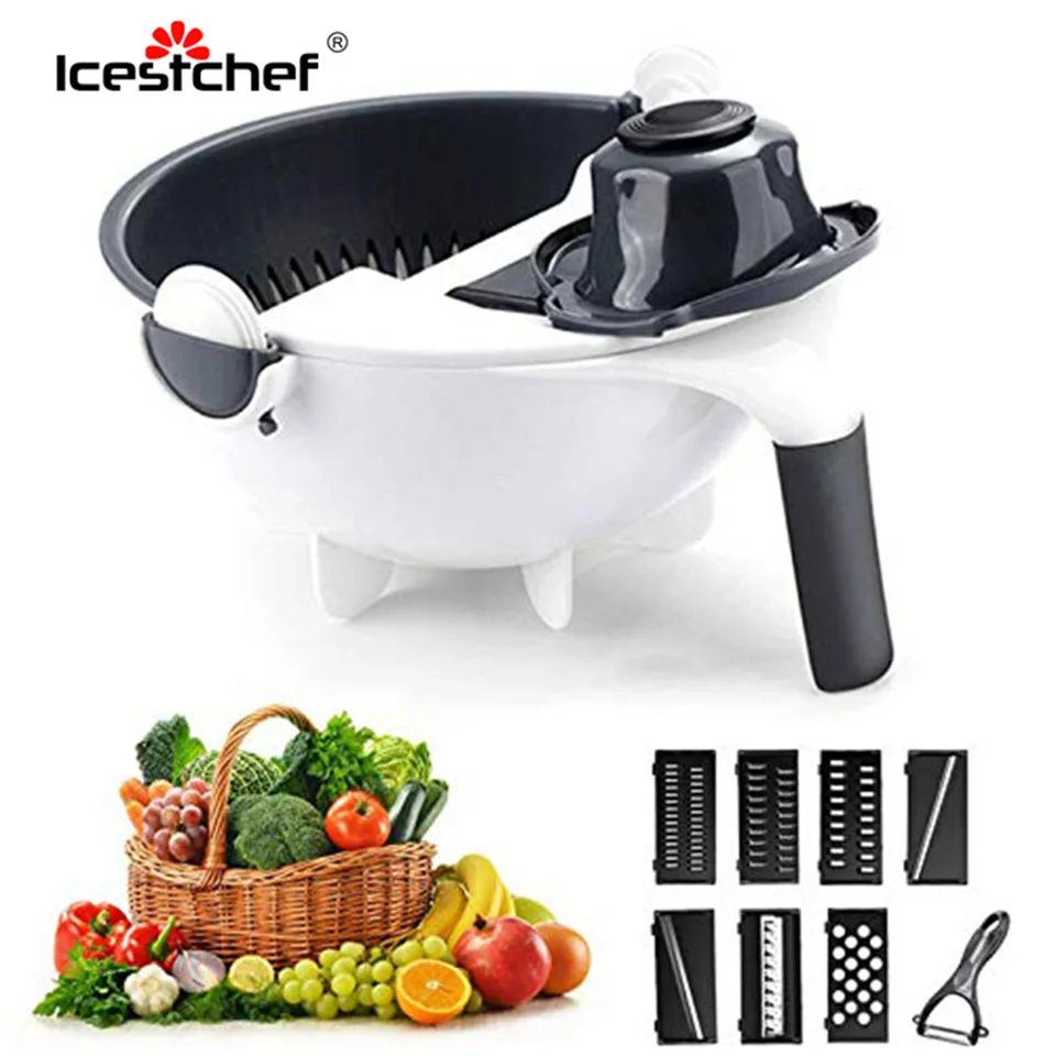 ICESTCHEF Магия повернуть овощерезка с сливная корзина Сталь лезвие измельчитель для картофеля Овощечистка сыр терка для кухни инструменты