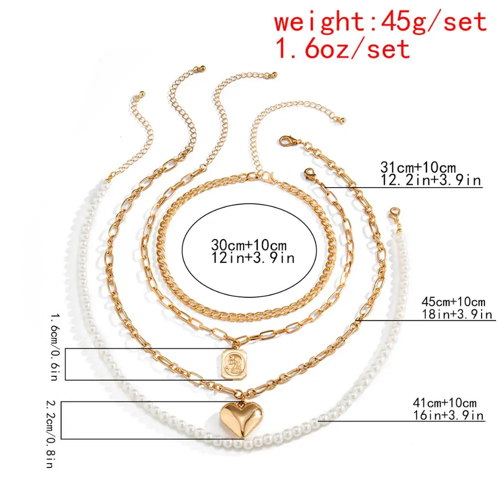 

Lacteo 4 Pcs/Set Vintage Love Heart Statue Carved Coin Pendant Necklace Statement Imitation Pearl Neck Chain Jewelry Necklace