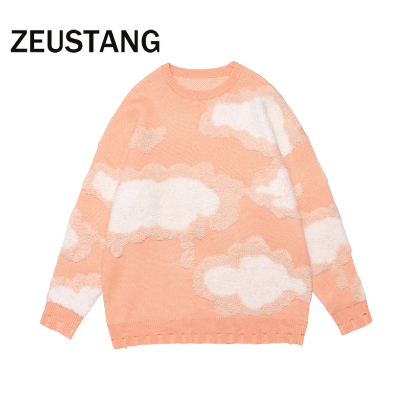 

Zeustang Fashion Sweaters Harajuku Streetwear Cartoon Clouds Sweater Hip Hop Loose Outerwear Casual Mens Outerwear Tops