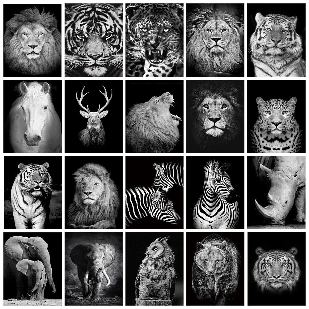 

Diamond Painting Black White Animals Series Diamond Embroidery Lion Tiger Rhinestone Pictures Cross Stitch Kit Mosaic Home Decor