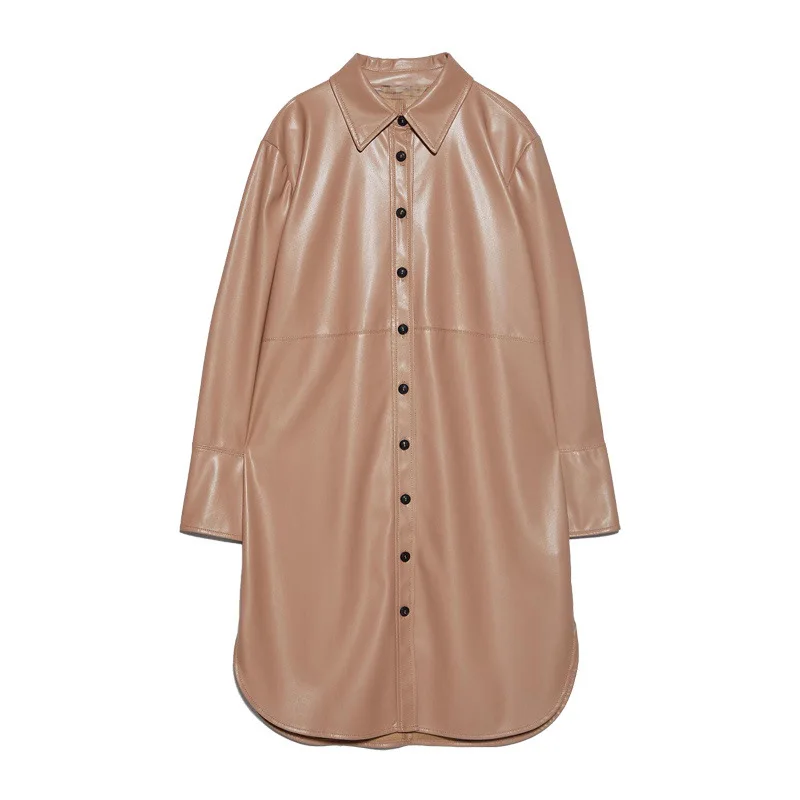 Хаки рубашка из полиуретана платье для женщин с длинным рукавом однобортное