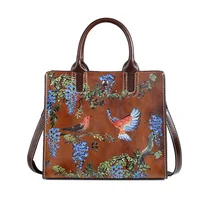 Nesitu Highend Vintage Red Coffee Flower Bird Pattern Genuine Leather Small Women Handbag Shoulder Messenger Bags Tote M7031