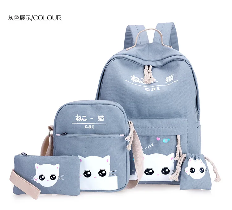 Харадзюку, Женский мультяшный Рюкзак Kawaii Neko с принтом, набор, школьные сумки, Студенческая сумка для книг, для девочек, дорожная сумка, милый кот, сумки на плечо