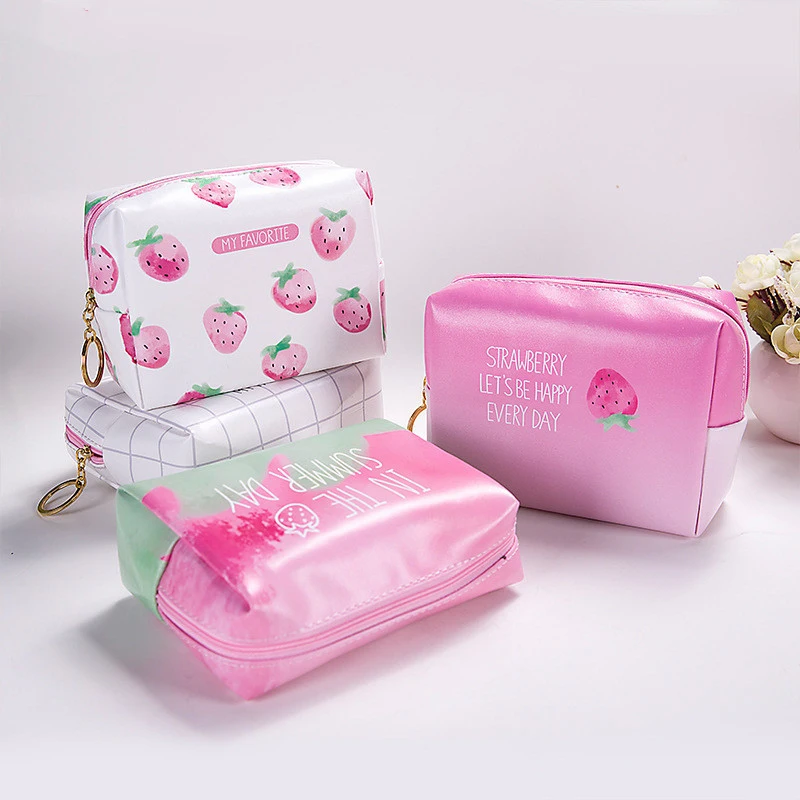 

30PCS/LOT Fashion Women Cosmetic Bag Portable Tote Bag Zipper Travel Large Capacity Cosmetic Pouch Strawberry Makeup Bags