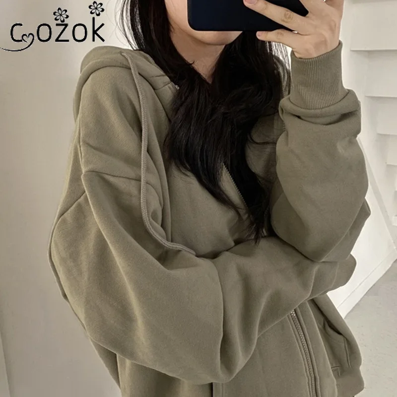 

Korean Version Women Hoodie 2021 Loose Cardigan Thick Long Sleeved Black Hoodies Zipper Sweater Female Fashion Kawaii Clothing