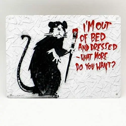 

Banksy Out of Bed Rat Metal Aluminum Sign Wall Decor Man Cave Bar US United States Rustic