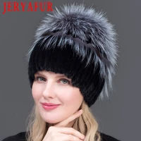 jeryafur women fur hat winter genuine mink fur skullies with silver fox fur pom poms top beanies hot sale russia fur cap