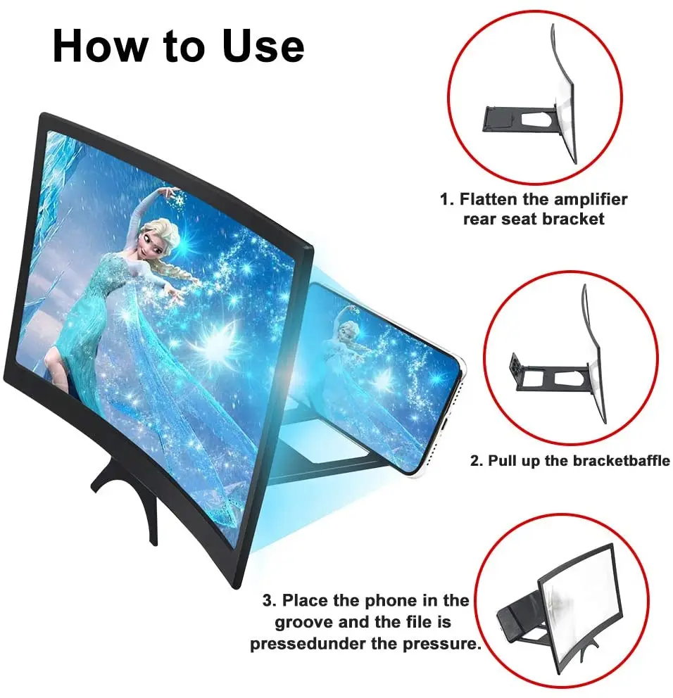 Phone Screen Amplifier 12 Inch Curved Magnifier Foldable 3D HD Video Cinema Phones Holder Stand Mobile Projector | Мобильные