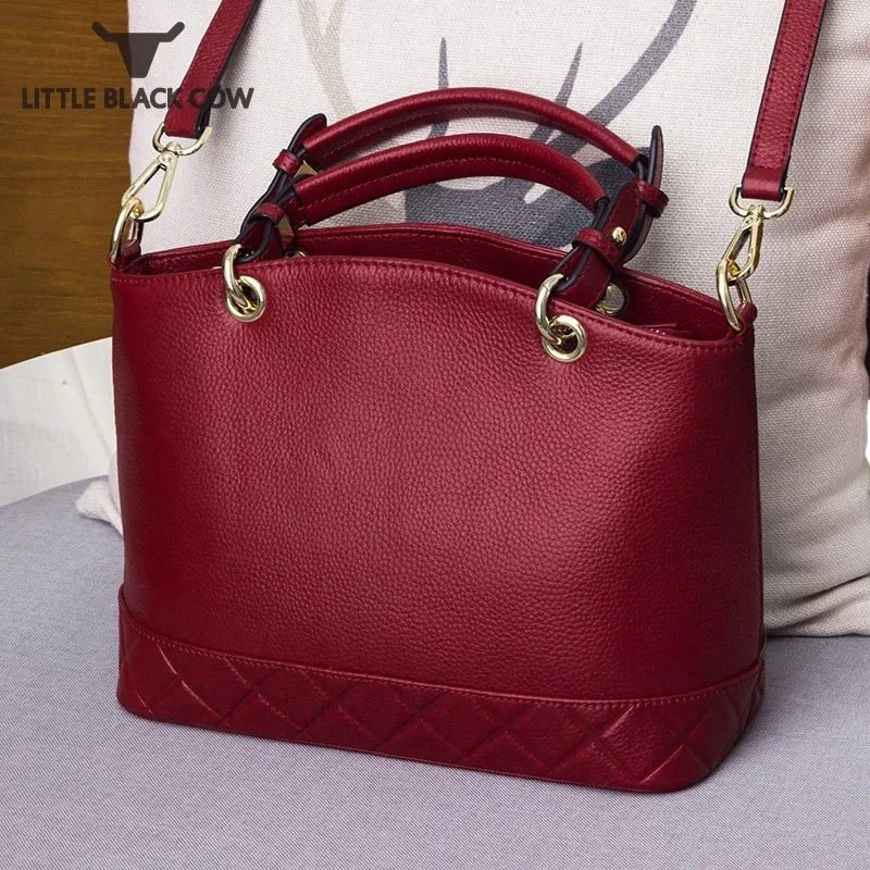 

Elegant Office Ladies Shoulder Tote Handbag Red Black Women Genuine Leather Bag Fashion Splice Plaid Solid Color Crossbody Bags