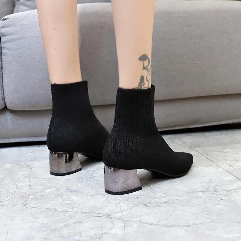 Вязаные эластичные носки ботинки на среднем каблуке короткие женские ботильоны