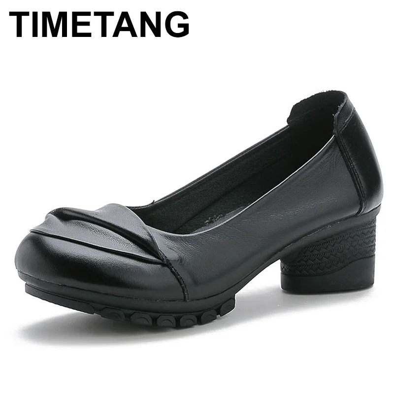 

Женские туфли-лодочки ручной работы из натуральной кожи на толстом высоком каблуке