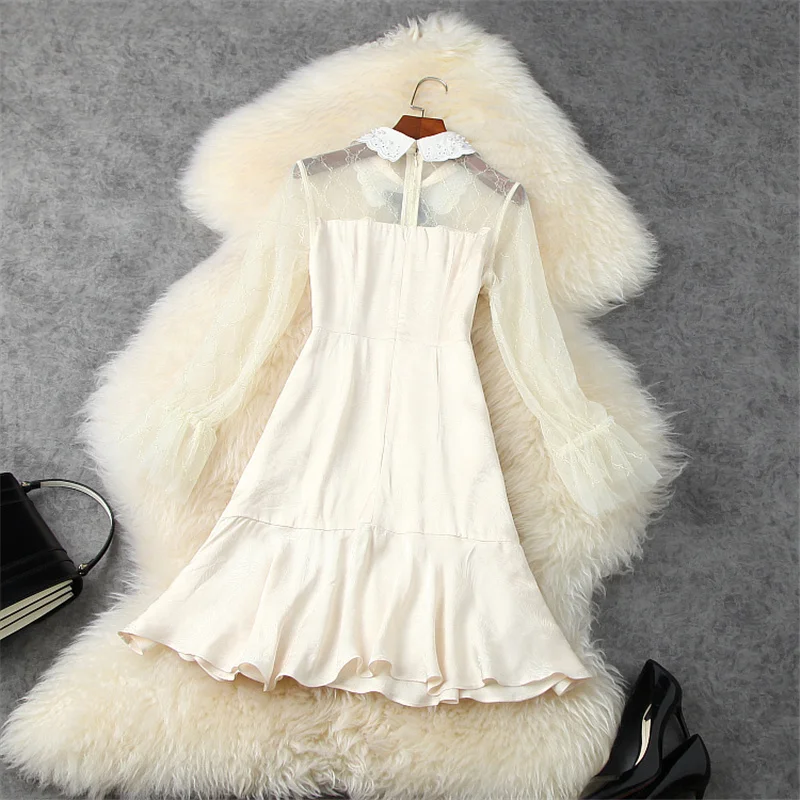 

2021 SPRING PEARL BEADED COLLAR MESH PATCHWORK FLARE DRESS