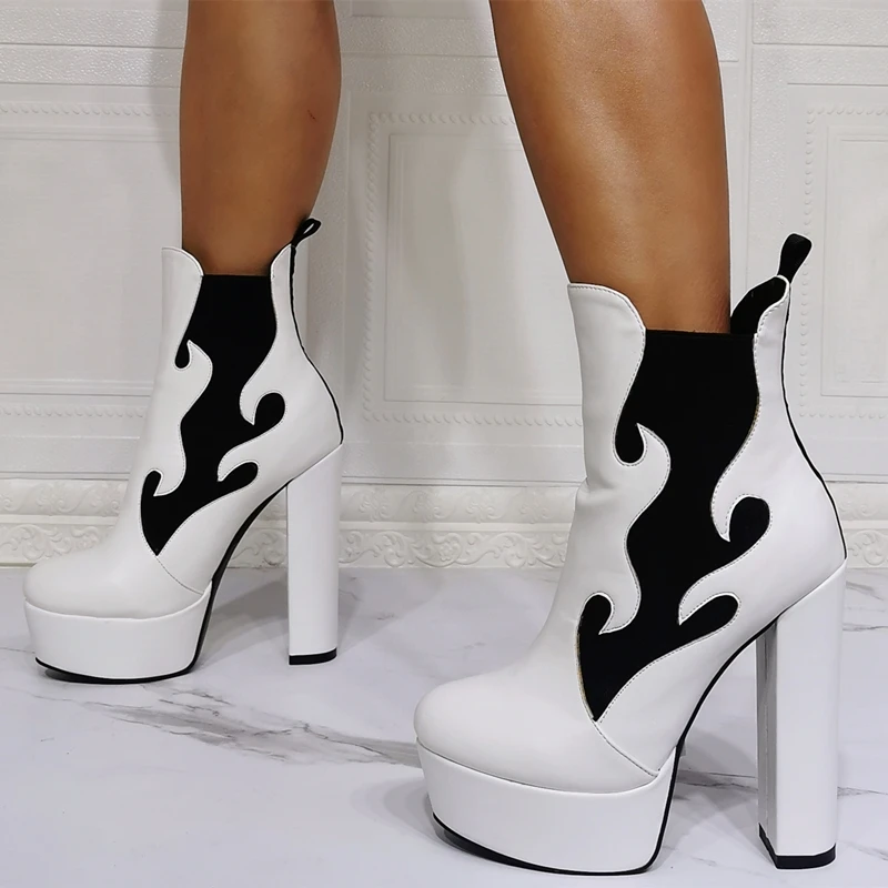 Contrast Black and White Women Shoes Booty Round Toe Platform Fashion Ankle Boots High Heel Big Size 47