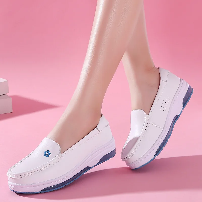 Genuine Leather Shoes Woman Flats Chunky Loafers Nurse Comfortable Shoes for Job Work Women Size 41 Slip on Platform White Shoes
