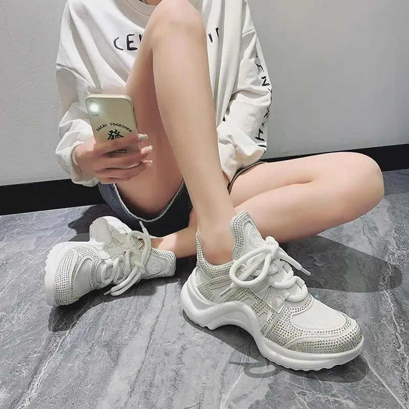 

2021 Summer New Casual Lace up Height Increasing Muffin Thick Bottom Color Matching Shoes Women's Breathable Sports