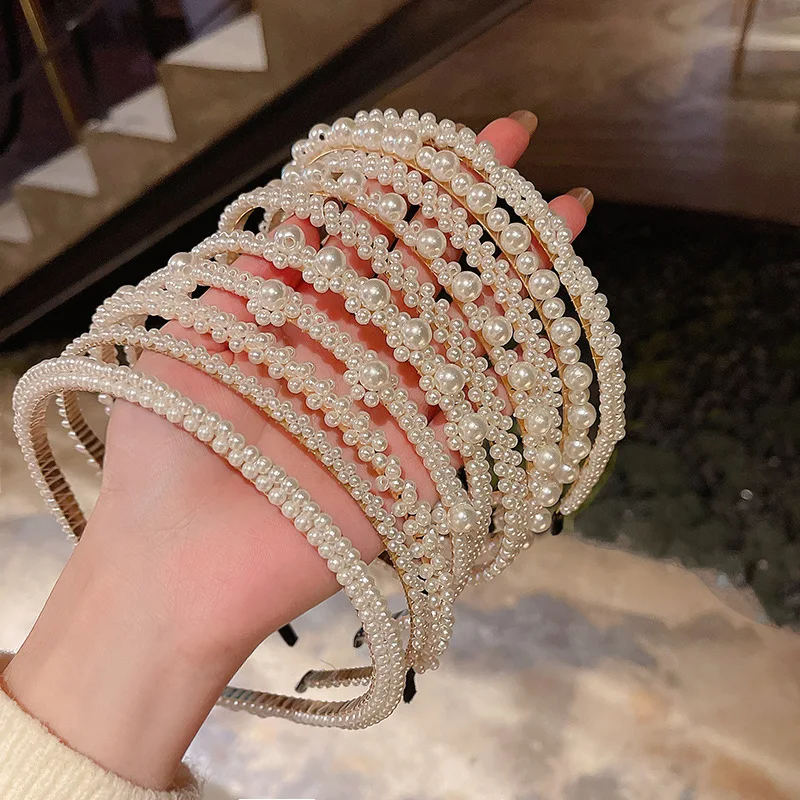 

Origin Summer Fairy Korean Simulation Pearl Hair Band for Women Girls French Vintage Asymmetric Beaded Fashion Hair Accessories