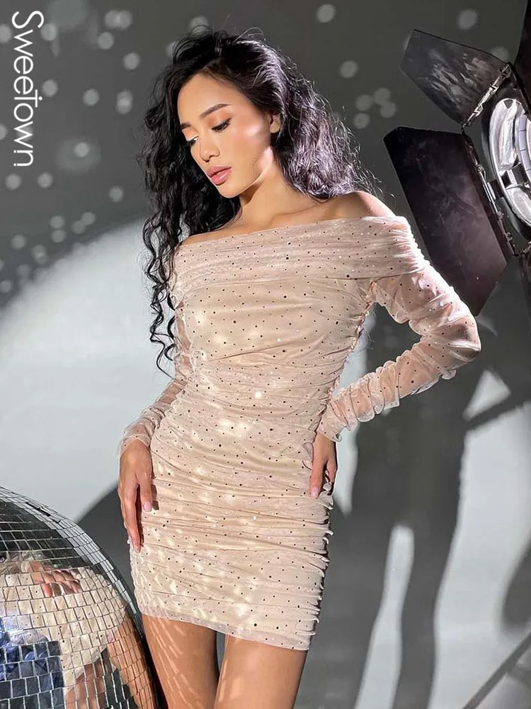 

Блестящие блестящие Сексуальные вечерние платья Sweetown с воротником-лодочкой на новый год 2022 элегантное Сетчатое платье в стиле пэчворк с об...