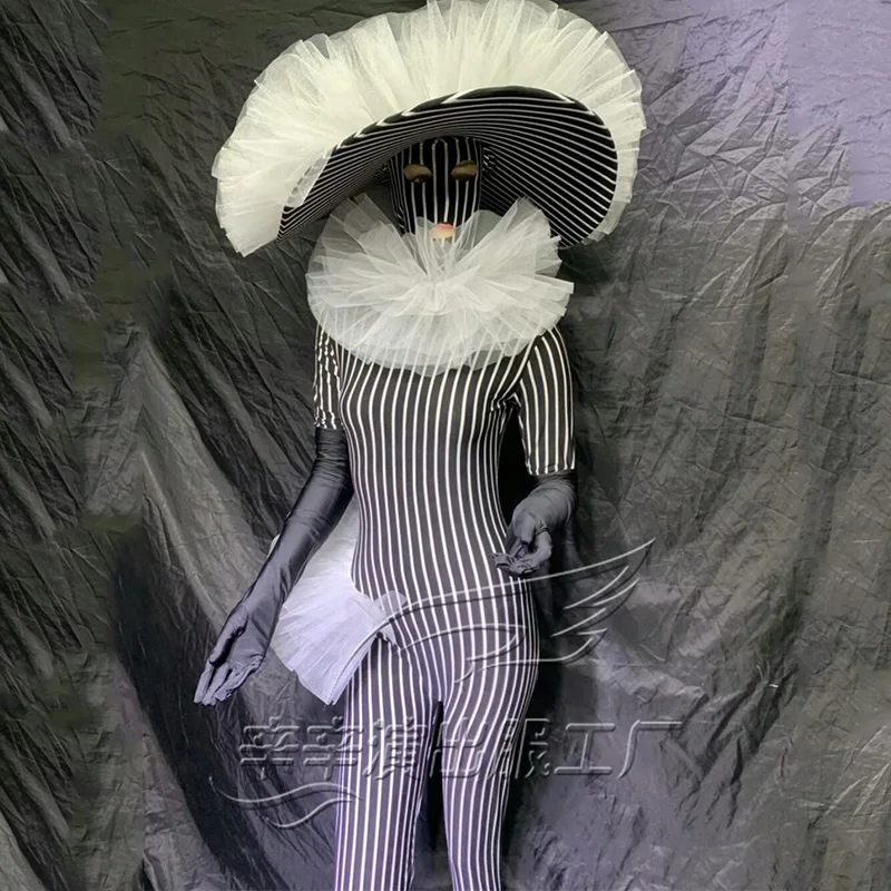 Nightclub Bar Party Female Singer Stripe Jumpsuit Hat Suit DJ DS Stage Performance Costumes Halloween Cosplay Outfits DWY2896 |