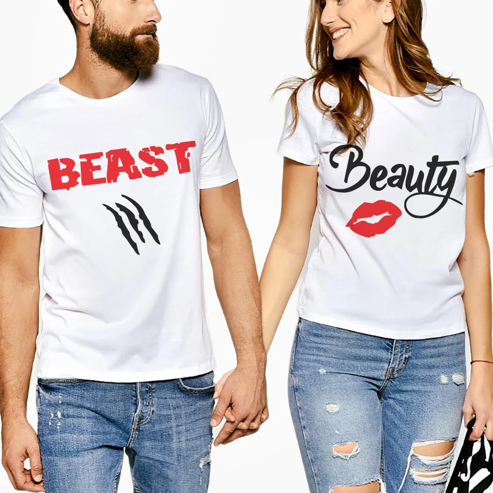 

Женские футболки с коротким рукавом, смешные футболки с надписью чудовище Красавица, топы, футболка для влюбленных, хлопковая Базовая белая...