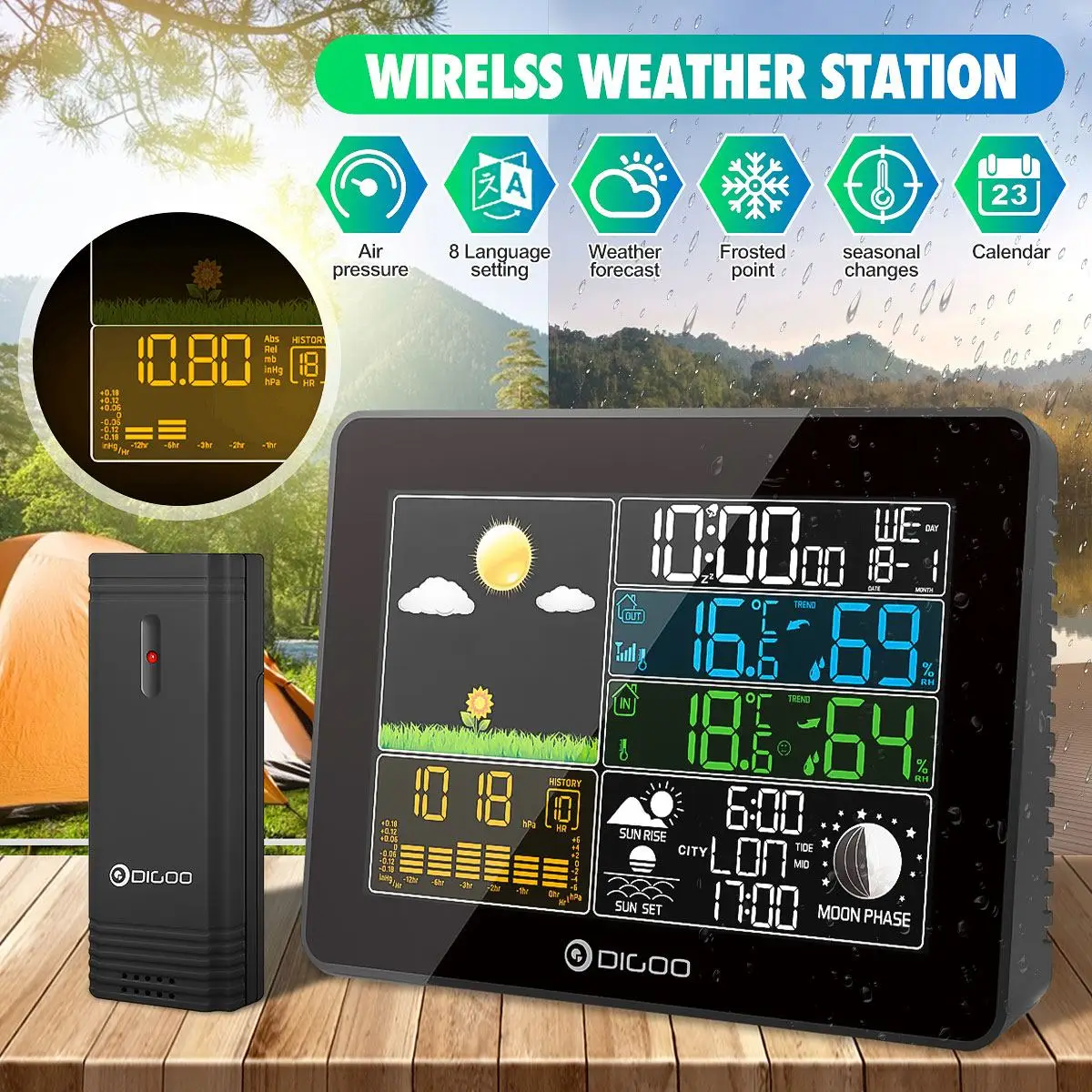 

DIGOO DG-TH8868 LCD Color Weather Station Outdoor Remote Sensor Thermometer Humidity Sunrise Sunset Calendar Snooze Clock