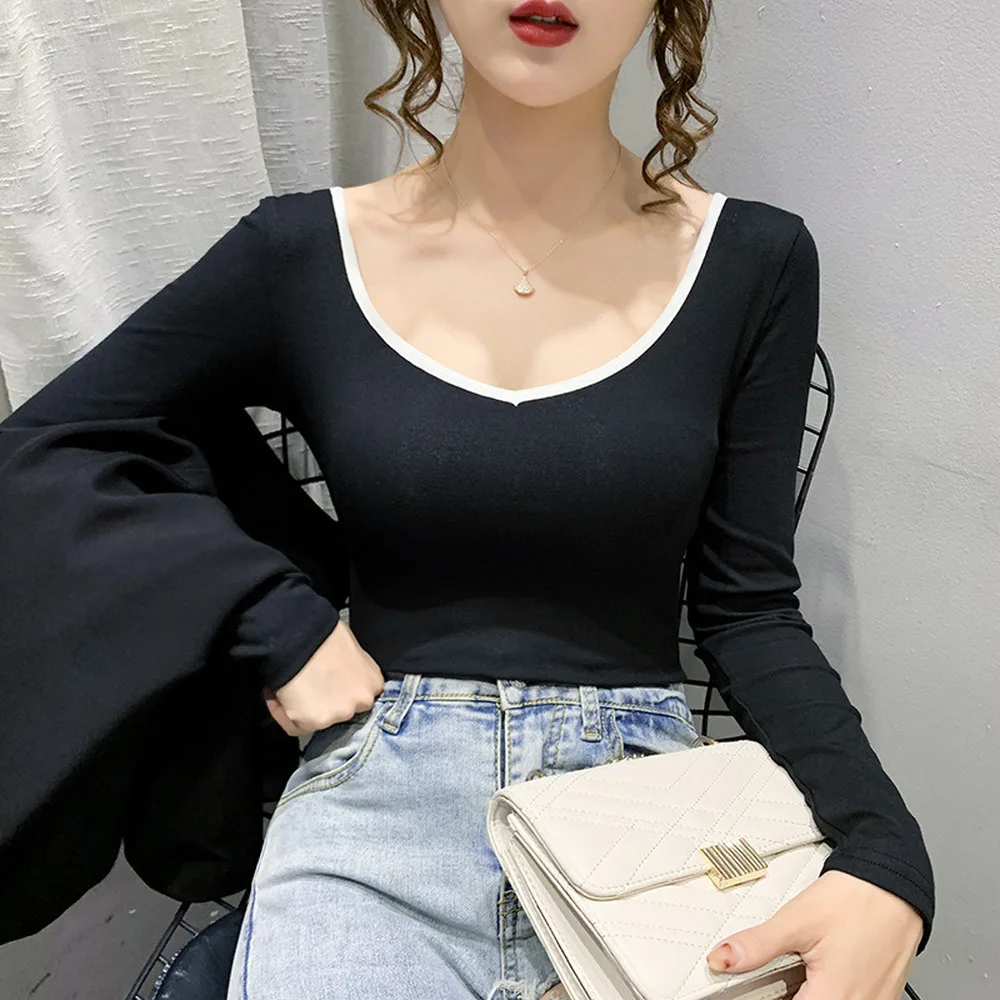 

Female Square Collar Sweet T-Shirt Girls Stretchy Full Puff Sleeve Patchwork Undershirts T Shirt Crop Tops For 2021 Spring Woman