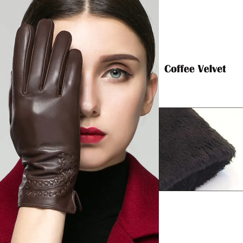 coffee velvet Перчатки из натуральной кожи женские зимние теплые бархатные утепленные высококачественные кожаные перчатки для вождения K2303 - Цвет: coffee velvet