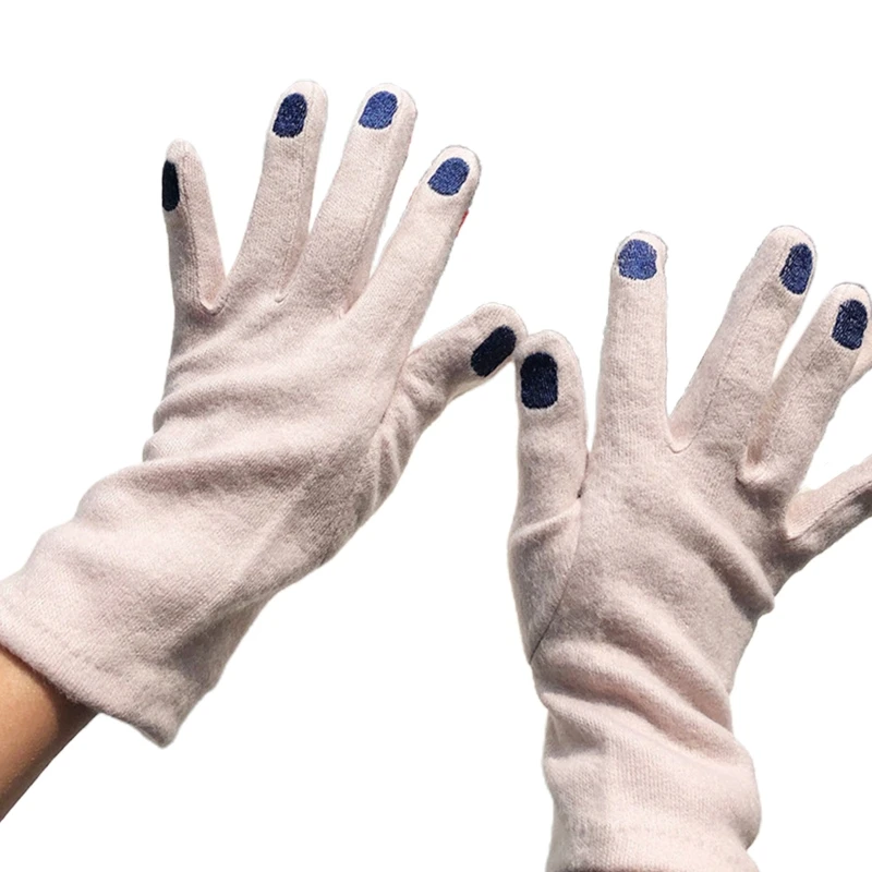 

652F Women Funny Nail Pattern Embroidery Gloves Winter Warm Faux Wool Cycling Mittens