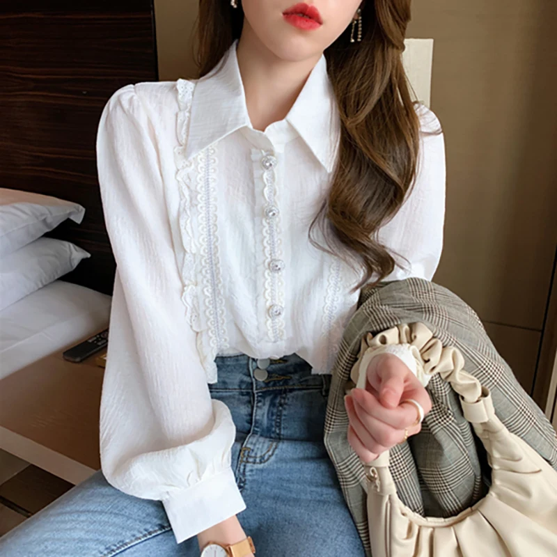 

Ruffles Lace Shirts Ladies 2021 Korean Style Japanese Sweet Shirt Women's Puff Sleeve Top Chic Single-Breasted Blouses