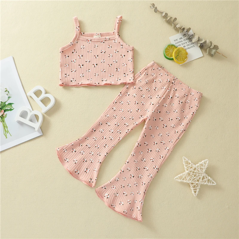 

Summer New Lovely Children Girl Summer Clothes Toddler Kids Girls Ribbed Flower Sleeveless Tanks Tops+Flare Pants Casual Outfits