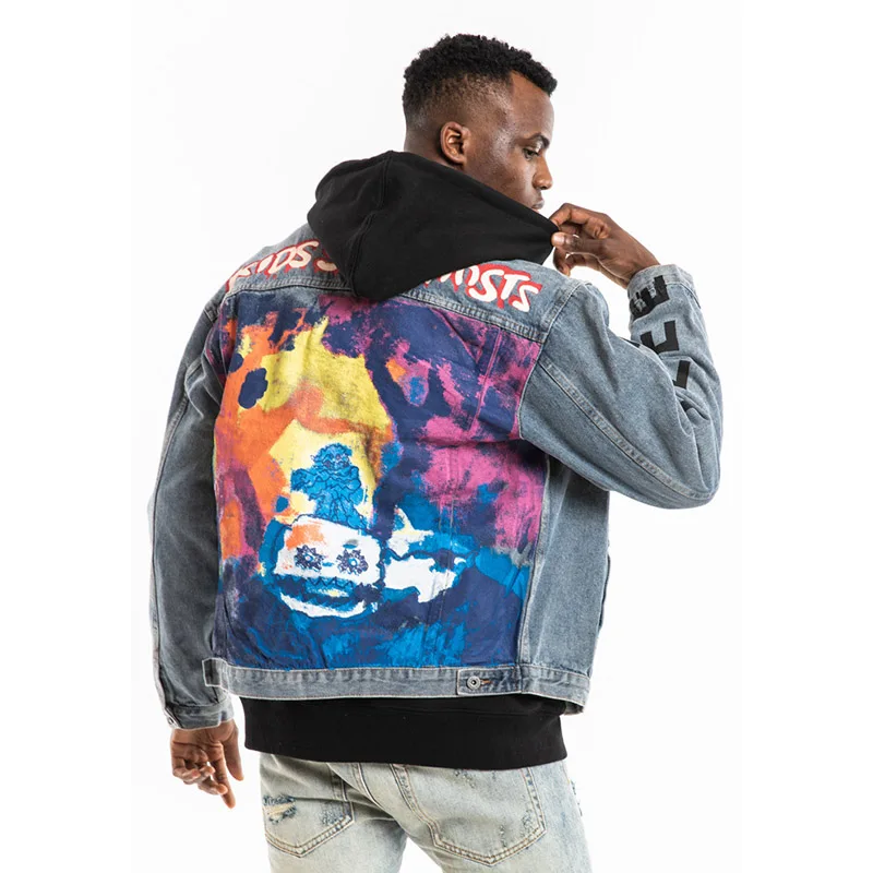 

Kanye West KIDS SEE GHOSTS Graffiti Mens Jeans Jackets Streetwear Casaco Masculino Denim Coats Hip Hop Windbreaker Bomber Jacket