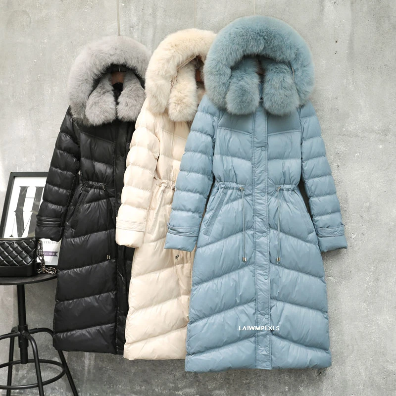 Элегантный пуховик с натуральным лисьим мехом белый утиный пух 2021 зимняя куртка