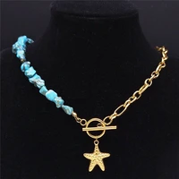 bohemia starfish stainless steel imitation turquoise necklace women gold color chain necklaces jewery collier boheme nxs04