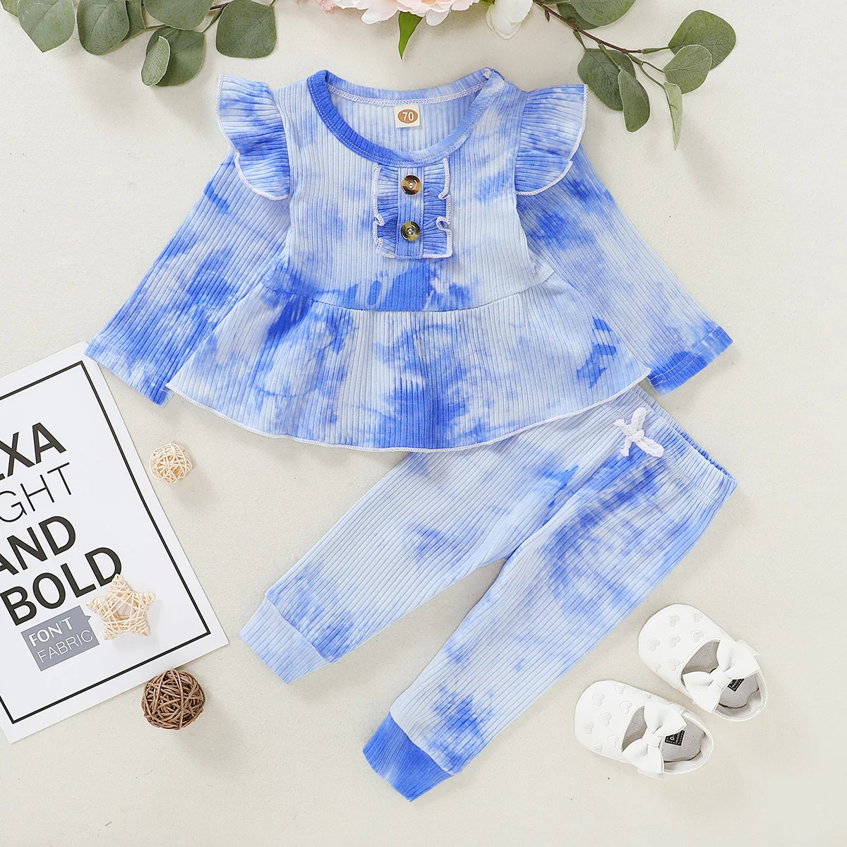 

Baby Girl Spring Clothes Free Shipping Girls 0-3 Months Solid Tie-dye Ruffled Long Sleeve Top + Sunflower Pants Baby Pajamas Set