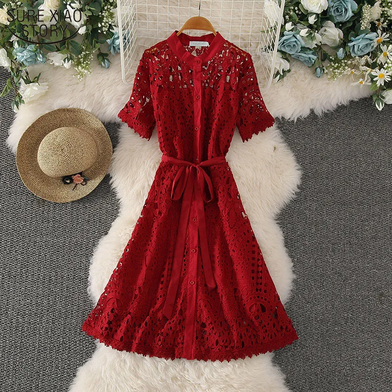 

Fashion Sweet O-collar Short-sleeved Lace Splicing Dress Robe Lace Up Singele Breasted See Through Long Dress Women 14258