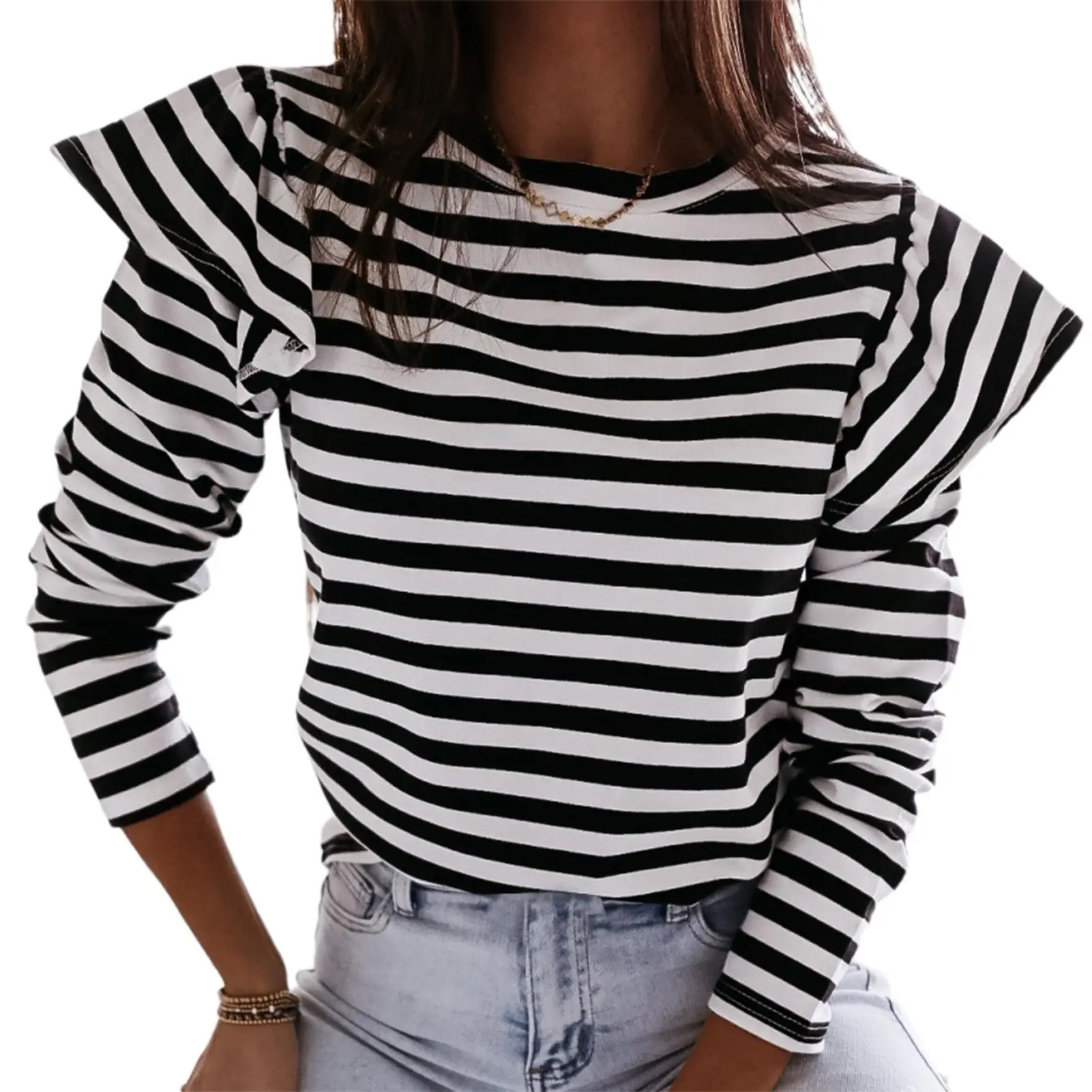 

Women Fashion Autumn Striped Ruffles Sleeve Leisure Blouse Long Sleeve O Neck Pullover Tops