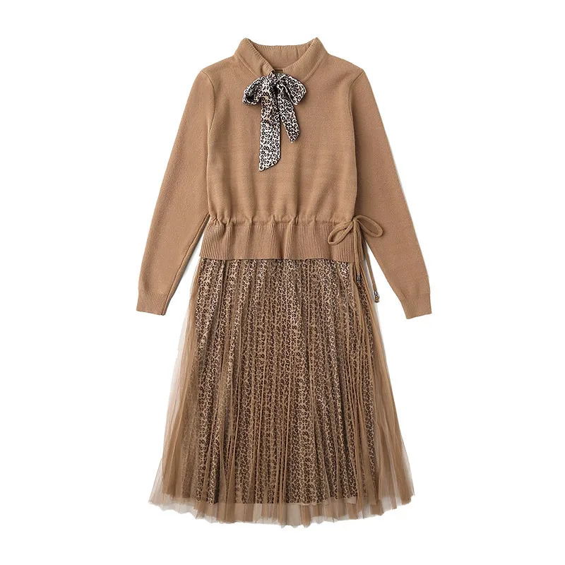 

2020 new mid-length temperament slender feminine style autumn knitted fake two-piece lace leopard mesh waist drawstring dress