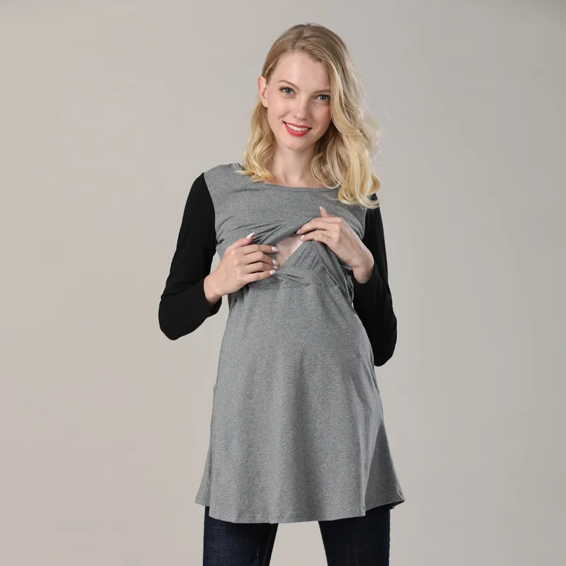 Emotion Moms/Хлопковая весенняя длинная одежда для беременных; топ для кормления грудью; топы для беременных женщин; Футболка для беременных - Цвет: Темно-серый