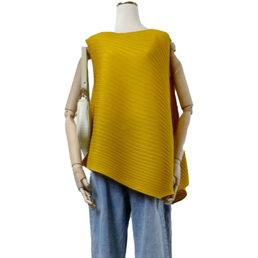 

2021 Japanese Style Korean Fashion Temperament Summer Tank Top Folds Irregular Solid Color Hypotenuse Round Neck Sleeveless