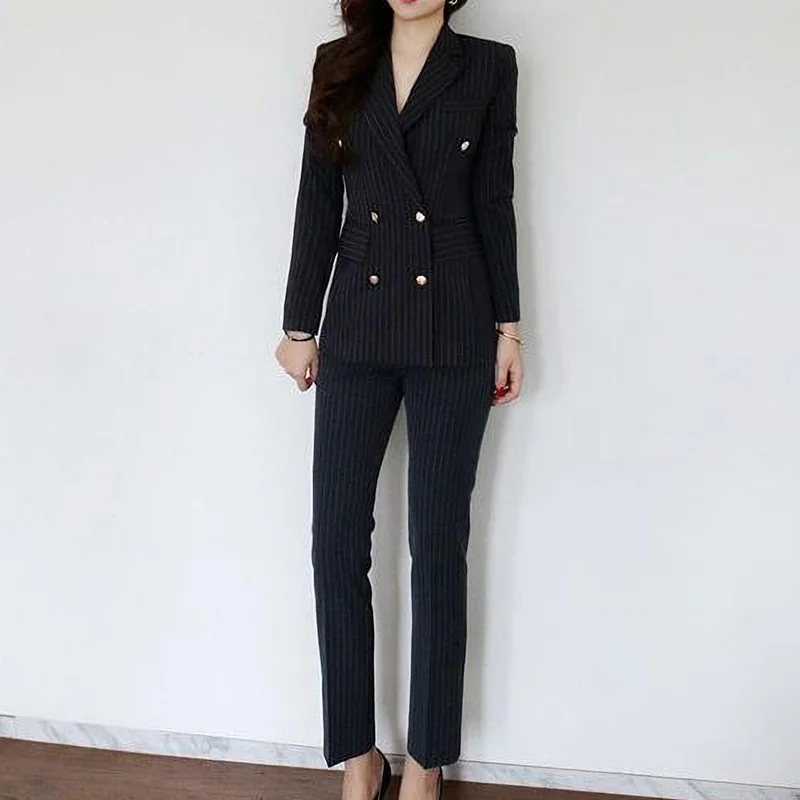 

Casual Fashion Pant Suits 2 Piece Set for Women Double Breasted Striped Blazer Jacket & Trouser Office Ladies Suits 2021 WS138
