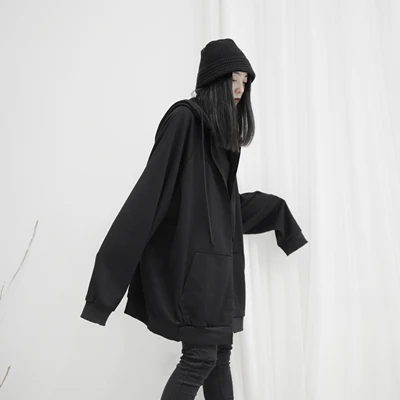 Женский Свободный свитшот с большими карманами Черный капюшоном куртка-накидка