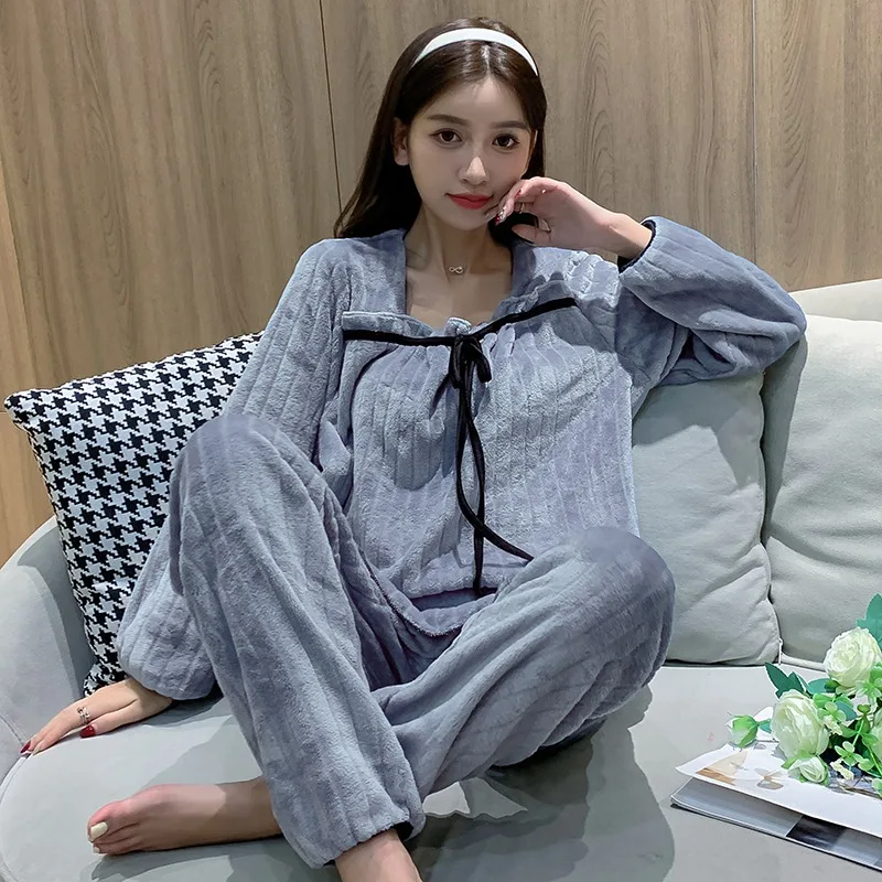 

Sweet Princess Winter Thick Warm Long Sleeve Flannel Pajama Sets for Women Korean Coral Velvet Sleepwear Pyjama Homewear Clothes