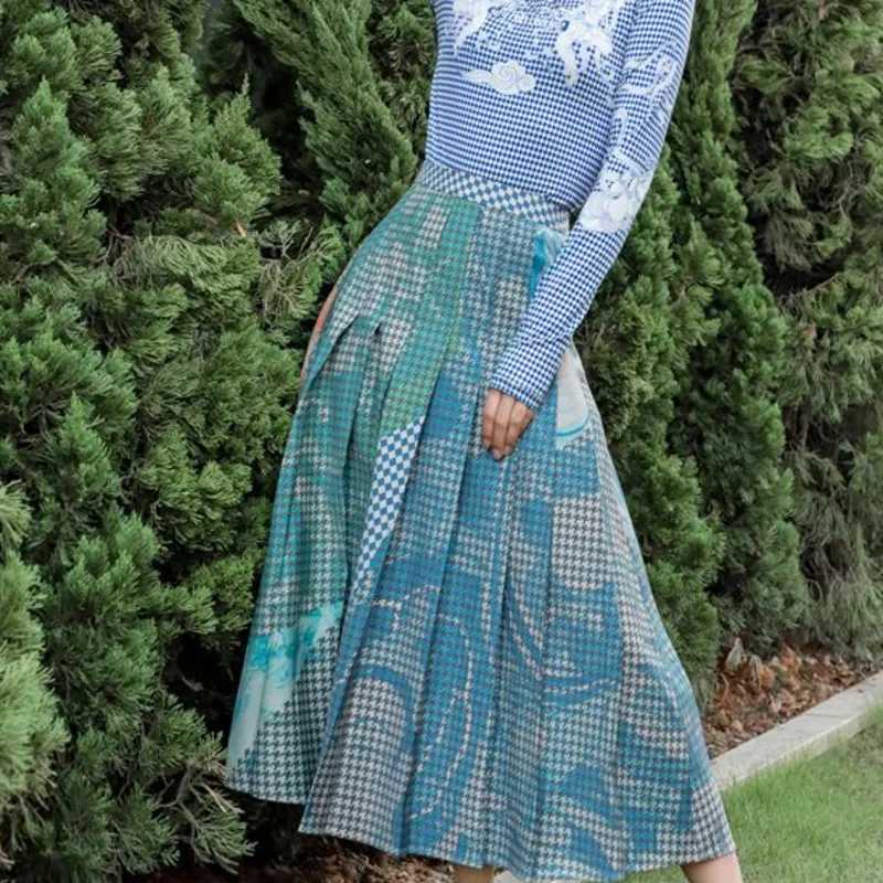 

2021 Autumn and Winter New Printed High Waist Pleated Skirt Female Original Female Trend Temperament Popular Loose Bottoming
